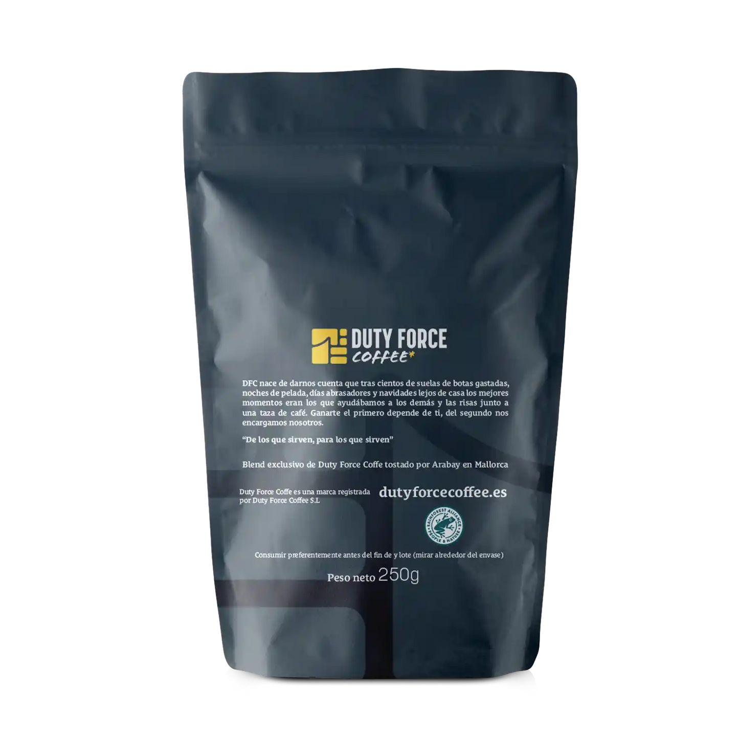 Parte trasera del paquete de café Duty Force Coffee con información de origen y marca.