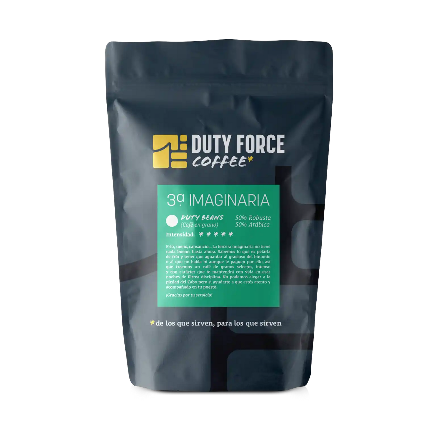 Café en grano 3ª Imaginaria de Duty Force, mezcla intensa de robusta y arábica, ideal para jornadas largas.