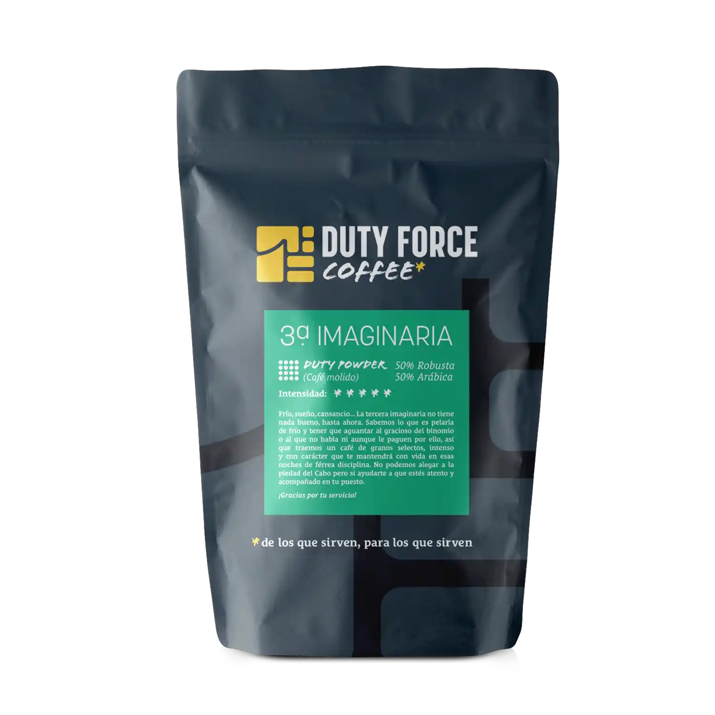 Café molido 3ª Imaginaria de Duty Force, mezcla intensa de robusta y arábica, ideal para jornadas largas.