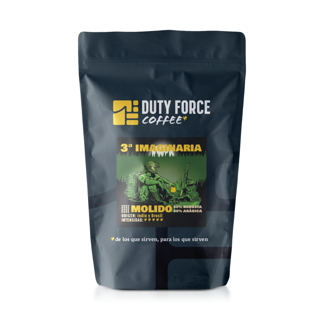 Café molido 3ª Imaginaria de Duty Force, mezcla intensa de robusta y arábica, ideal para jornadas largas.