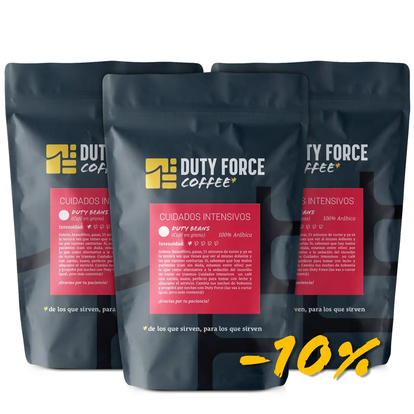 Pack de 3 bolsas de café Cuidados Intensivos en grano con 10% de descuento de Duty Force Coffee.