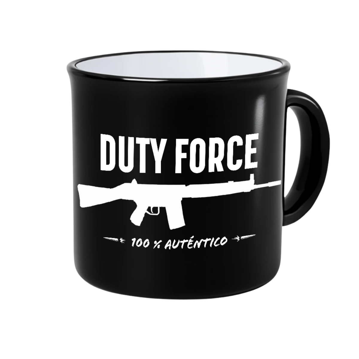 Taza de cerámica negra con diseño blanco del fusil CETME C y texto Duty Force – 100 % Auténtico.