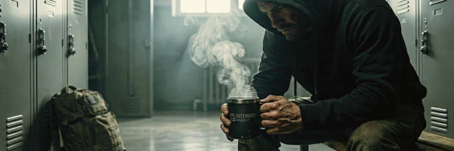 Hombre concentrado en vestuario táctico sosteniendo taza de café fuerte Duty Force Coffee antes de trabajar