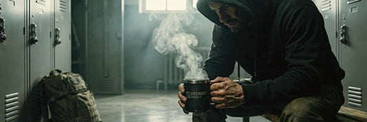 Hombre concentrado en vestuario táctico sosteniendo taza de café fuerte Duty Force Coffee antes de trabajar