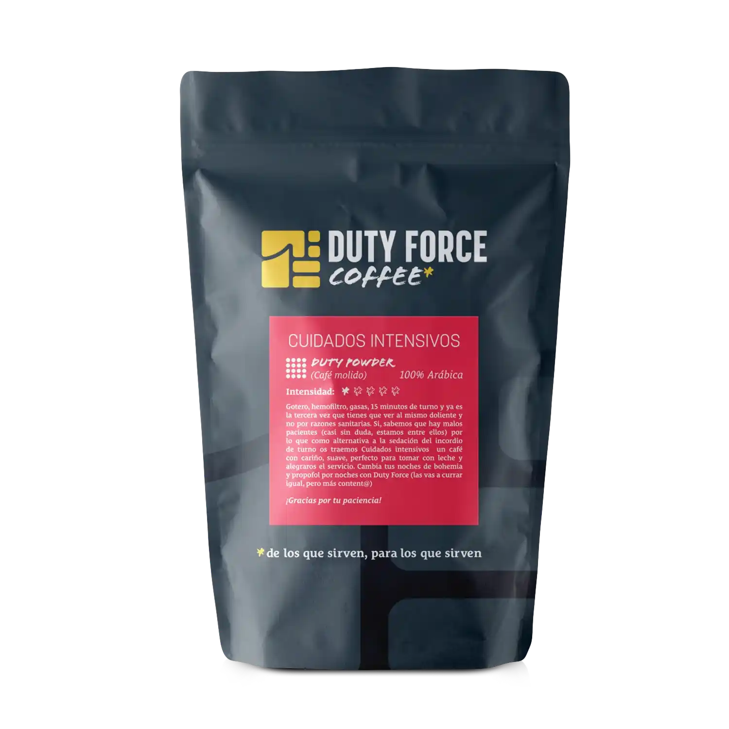 Café Cuidados Intensivos molido Duty Force Coffee, bolsa frontal de 250g.