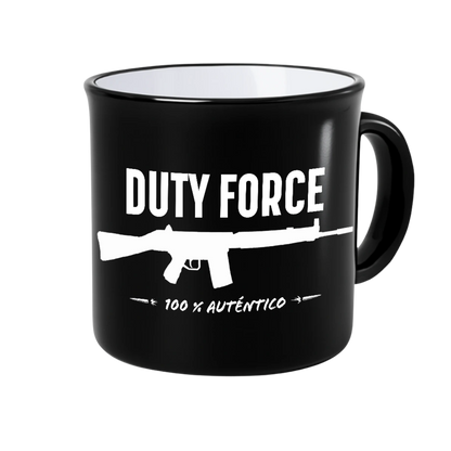Taza de cerámica negra con diseño blanco del fusil CETME C y texto Duty Force – 100 % Auténtico.
